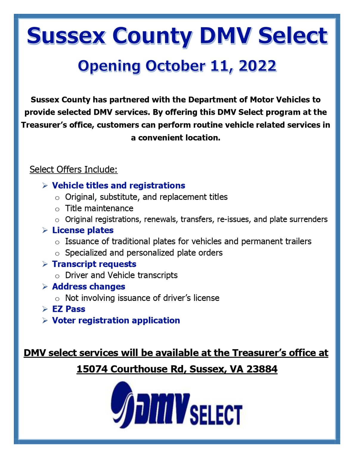 Sussex County DMV Select Opening October 11, 2022 Town of Jarratt