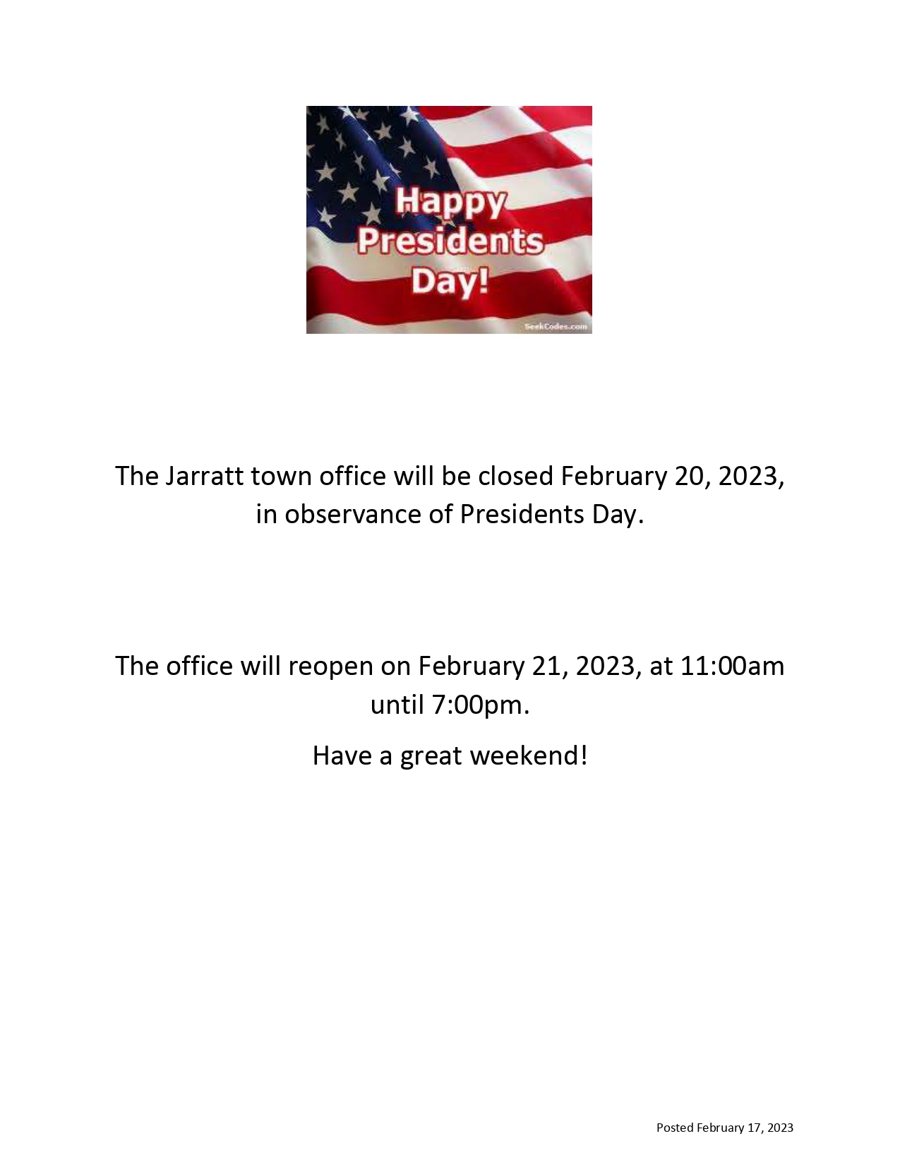 Office Closed for Presidents Day Town of Jarratt