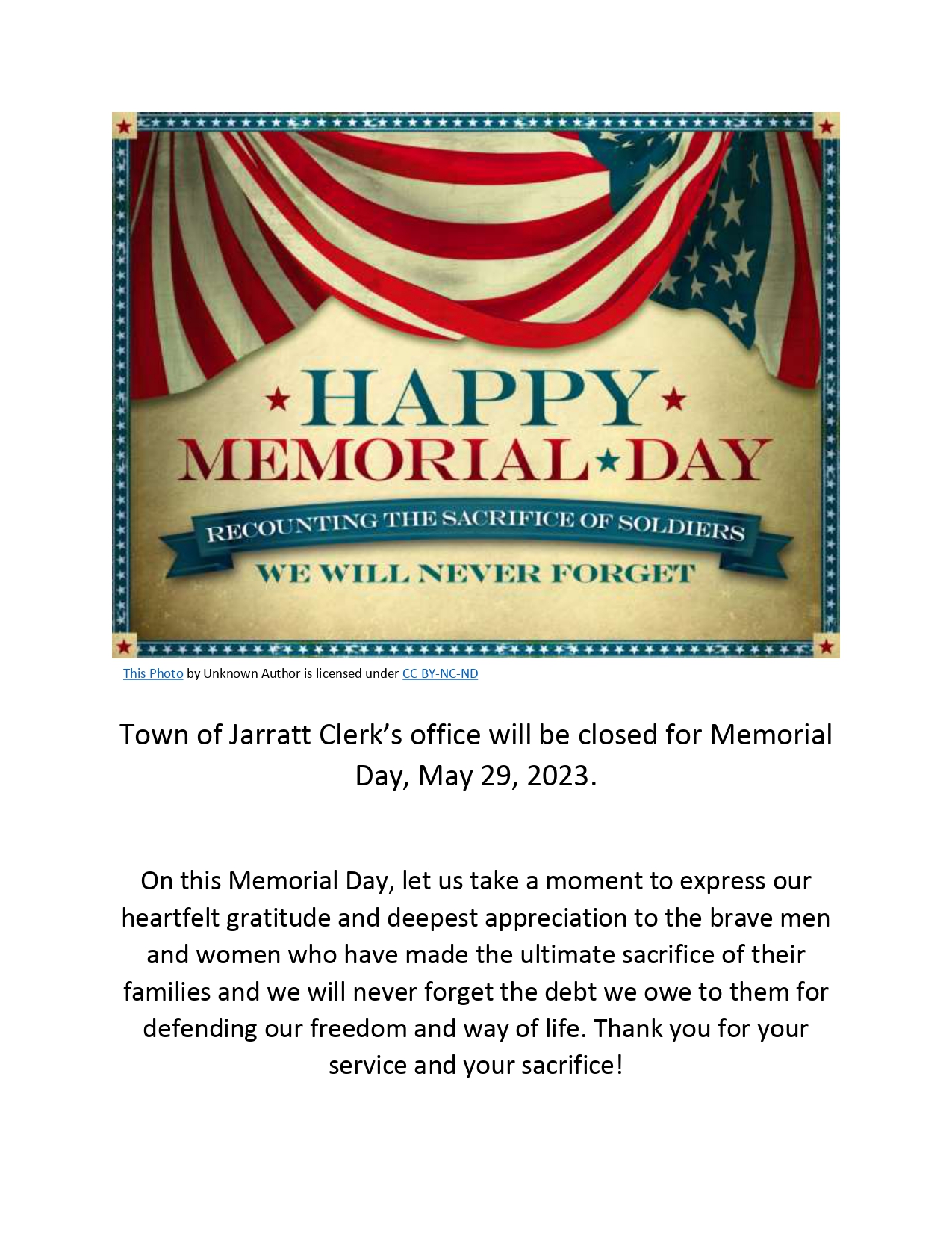Town of Jarratt Clerk’s office will be closed for Memorial Day, May 29