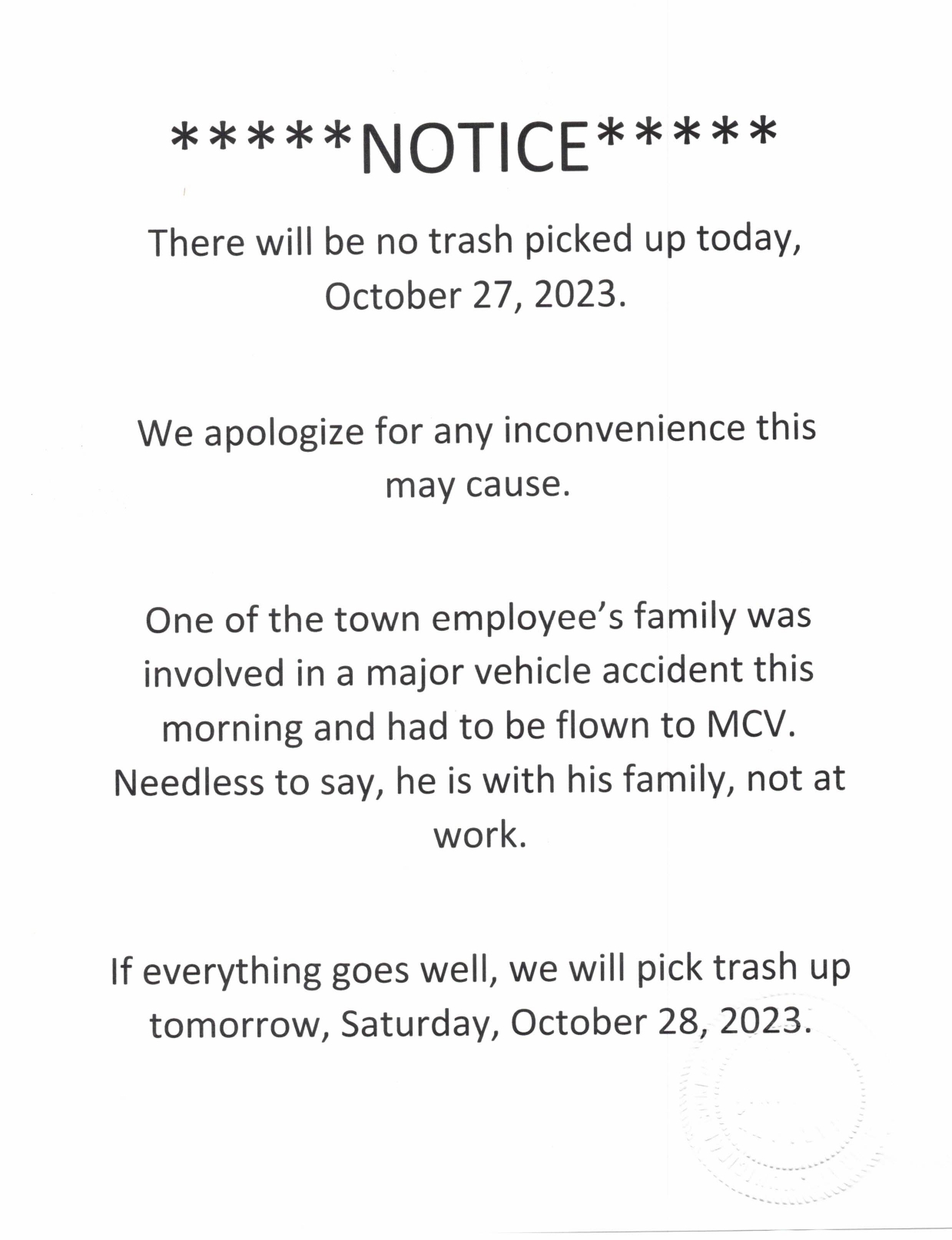 Trash Notice Town of Jarratt